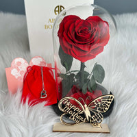 Personalized Mother's Day Gift - Preserved Rose in Glass Dome with Custom Name Tag and Necklace