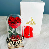 Personalized Anniversary Name Tag with Heart-Shaped Preserved Rose in Glass Dome & “I Love You” Necklace – Personalized or Standard | English & Spanish Options