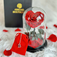 Customized Name Tag With Heart Shape Preserved Rose In Glass Dome And Heart Love Necklace