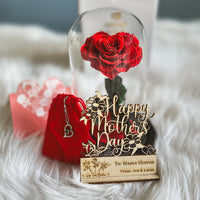 Personalized Mother's Day Gift - Preserved Rose in Glass Dome with Custom Name Tag and Necklace