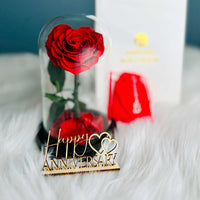 Personalized Anniversary Name Tag with Heart-Shaped Preserved Rose in Glass Dome & “I Love You” Necklace – Personalized or Standard | English & Spanish Options