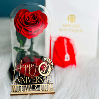 Personalized Anniversary Name Tag with Heart-Shaped Preserved Rose in Glass Dome & “I Love You” Necklace – Personalized or Standard | English & Spanish Options