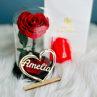 Personalized Anniversary Name Tag with Heart-Shaped Preserved Rose in Glass Dome & “I Love You” Necklace – Personalized or Standard | English & Spanish Options