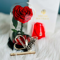 Personalized Anniversary Name Tag with Heart-Shaped Preserved Rose in Glass Dome & “I Love You” Necklace – Personalized or Standard | English & Spanish Options