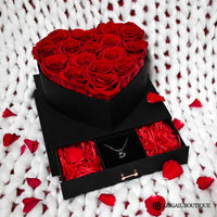 Preserved Red Roses In A Luxury Love Heart Shaped Box & Heart Necklace