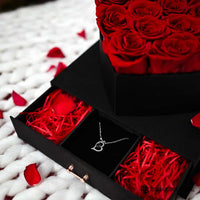 Preserved Red Roses In A Luxury Love Heart Shaped Box & Heart Necklace