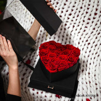 Preserved Red Roses In A Luxury Love Heart Shaped Box & Heart Necklace