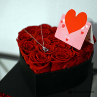 Preserved Red Roses In A Luxury Love Heart Shaped Box & Heart Necklace