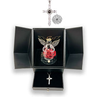 Crystal Angel And Preserved Rose With Lord's Prayer Cross Necklace