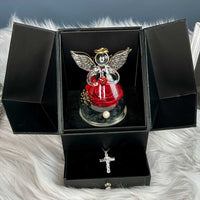Crystal Angel And Preserved Rose With Lord's Prayer Cross Necklace