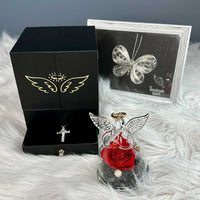 Crystal Angel And Preserved Rose With Lord's Prayer Cross Necklace