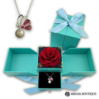 High Grade AAA Zircon Crystal In Sterling Silver Necklace With Forever Blossom Preserved Rose Jewelry Box