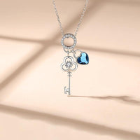 Sterling Silver & High Grade AAA Zircon Crystal Key Necklace With Heart Charm