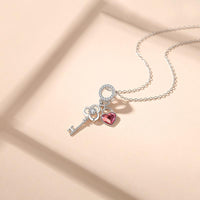 Sterling Silver & High Grade AAA Zircon Crystal Key Necklace With Heart Charm