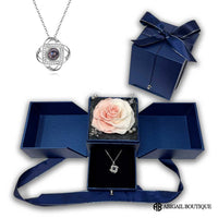 Love Knot Necklace With Preserved XL White-Pink Rose Jewelry Box
