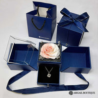 Love Knot Necklace With Preserved XL White-Pink Rose Jewelry Box