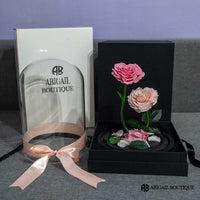 XL HEART SHAPED PRESERVED ROSES IN GLASS DOME WITH DOUBLE HEARTS NECKLACE