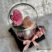 XL HEART SHAPED PRESERVED ROSES IN GLASS DOME WITH DOUBLE HEARTS NECKLACE
