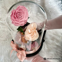 MOTHER AND CHILD XL HEART SHAPED PRESERVED ROSES IN GLASS DOME WITH DOUBLE HEARTS LOVE NECKLACE