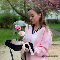 XL HEART SHAPED PRESERVED ROSES IN GLASS DOME WITH DOUBLE HEARTS NECKLACE