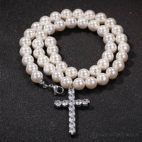 7-8mm Shell Pearl Strand Necklace with 14K Gold Plated Cross Pendant.