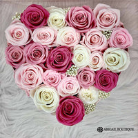 Preserved Roses In A Lux Floating Heart Shaped Box With A Sunflower Necklace