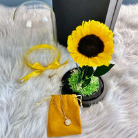 Preserved Sunflower In Glass Dome With Sunflower Necklace