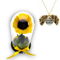 Preserved Sunflower In Glass Dome With Sunflower Necklace
