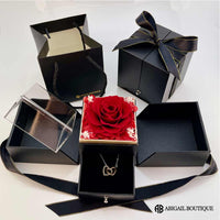 Double Hearts Necklace With Preserved XL Red Rose Jewelry Box
