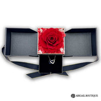Double Hearts Necklace With Preserved XL Red Rose Jewelry Box