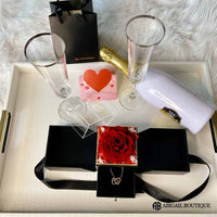 Double Hearts Necklace With Preserved XL Red Rose Jewelry Box