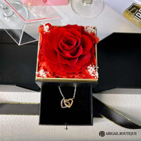 Double Hearts Necklace With Preserved XL Red Rose Jewelry Box