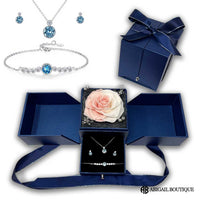 Blue Swarovski Crystal Ocean Drop Necklace Set In Sterling Silver With Forever Blossom Preserved Rose Jewelry Box
