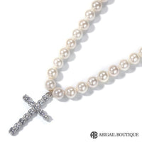 7-8mm Shell Pearl Strand Necklace with 14K Gold Plated Cross Pendant.