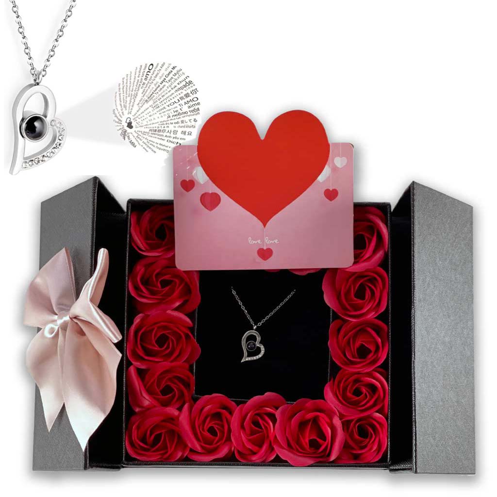 16 Mini Roses Jewelry Box with Heart Love Necklace Set