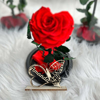 Customized Name Tag With Heart Shape Preserved Rose In Glass Dome And Heart Love Necklace