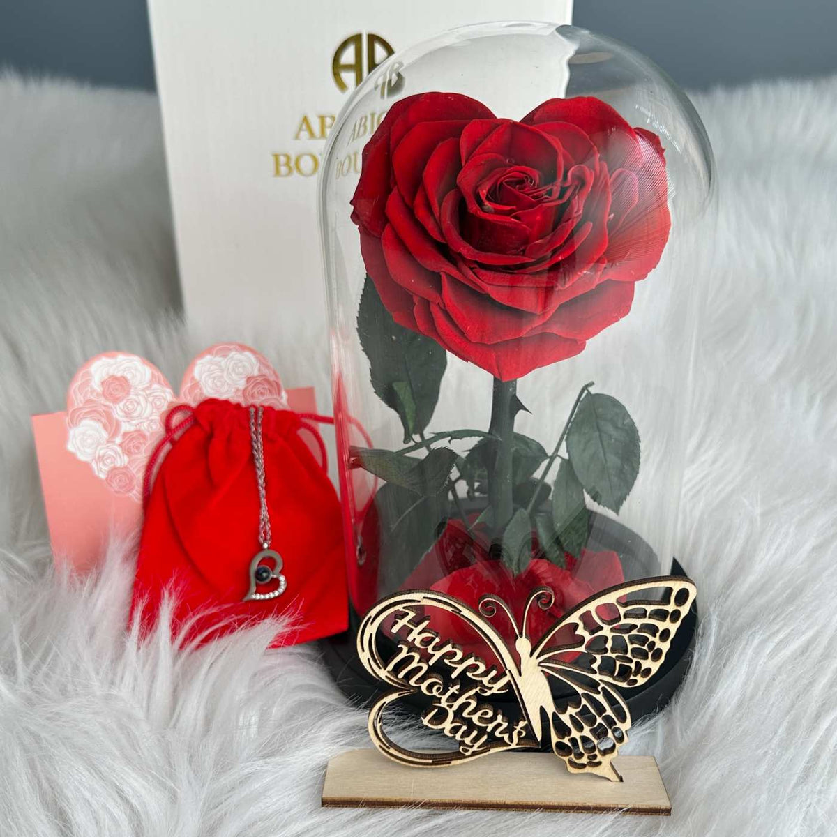 Personalized Mother&#39;s Day Gift - Preserved Rose in Glass Dome with Custom Name Tag and Necklace