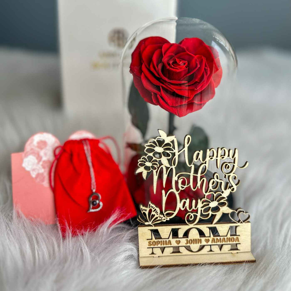 Personalized Mother&#39;s Day Gift - Preserved Rose in Glass Dome with Custom Name Tag and Necklace
