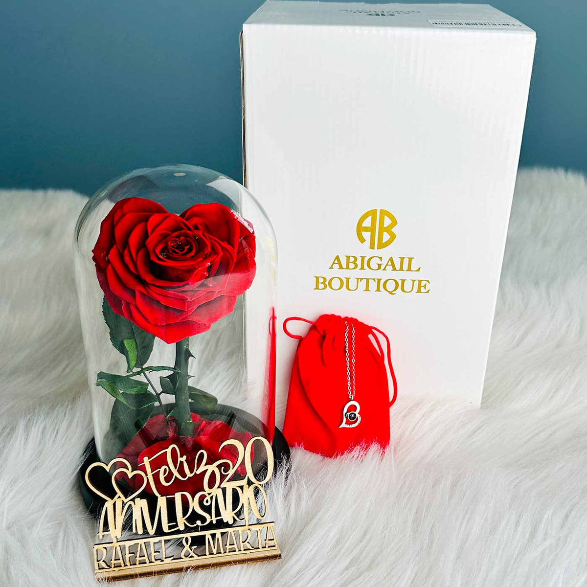 Personalized Anniversary Name Tag with Heart-Shaped Preserved Rose in Glass Dome &amp; “I Love You” Necklace – Personalized or Standard | English &amp; Spanish Options