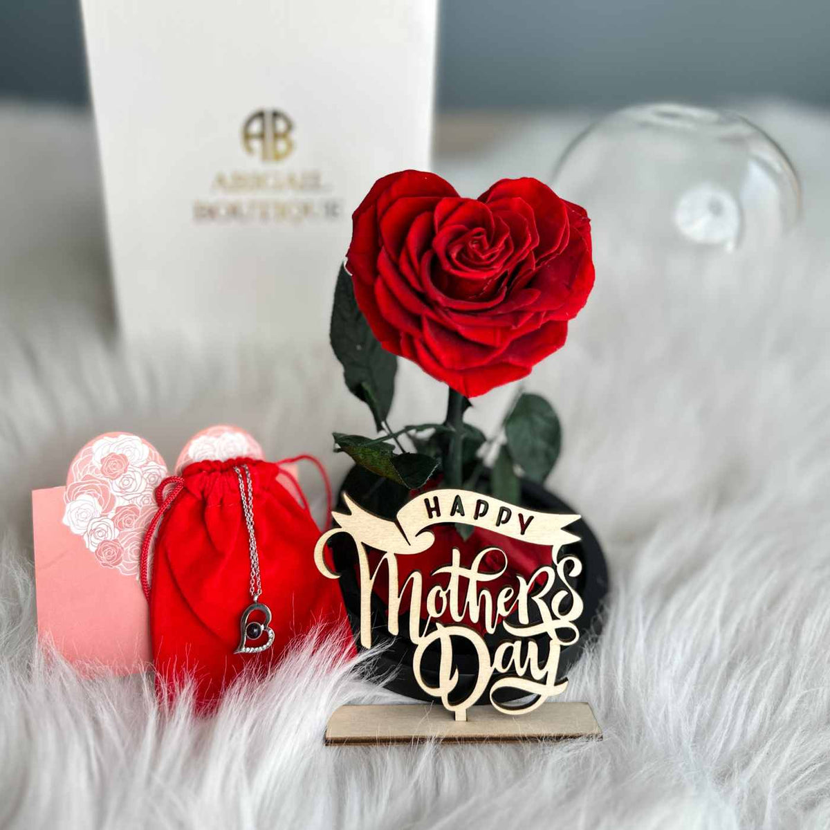 Personalized Mother&#39;s Day Gift - Preserved Rose in Glass Dome with Custom Name Tag and Necklace