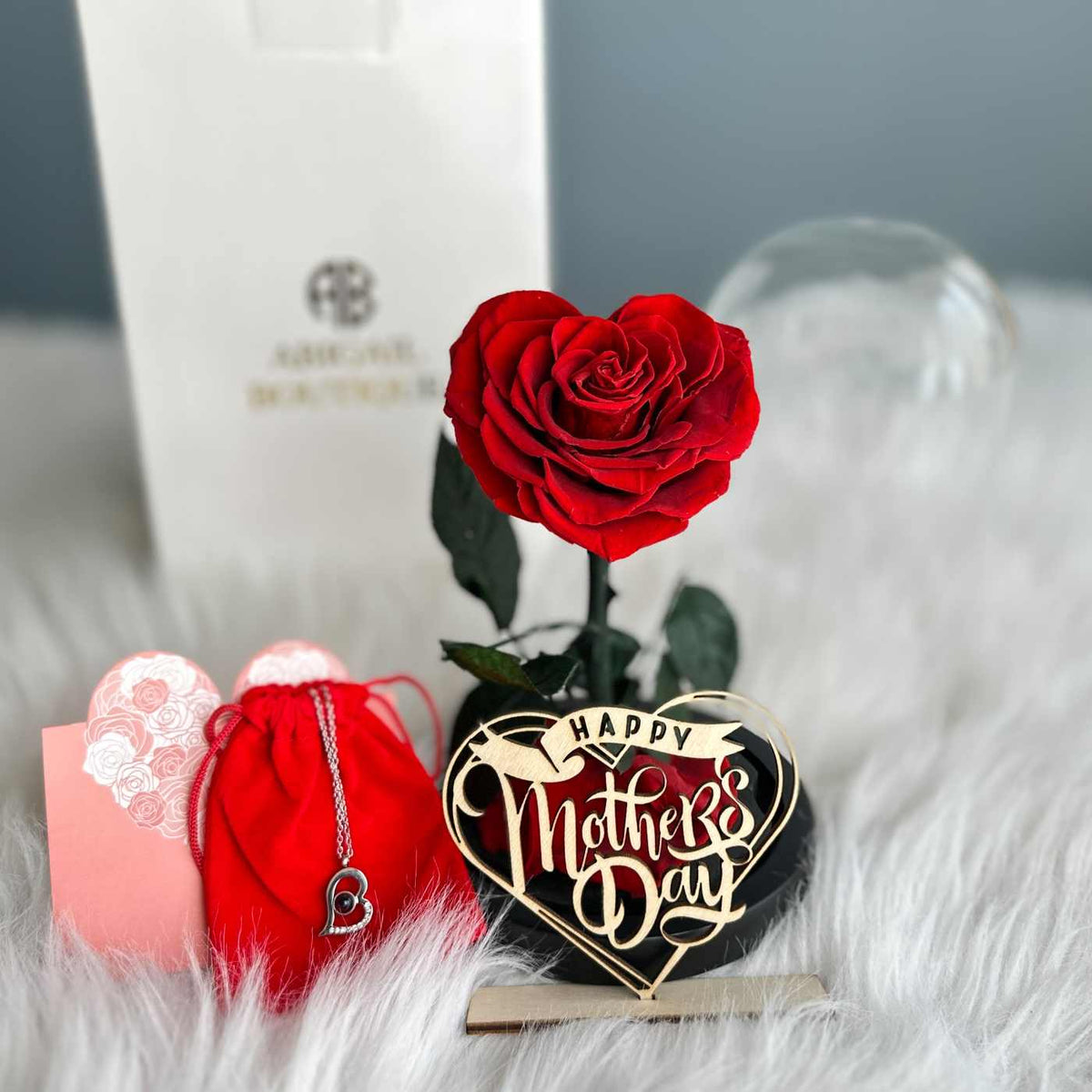 Personalized Mother&#39;s Day Gift - Preserved Rose in Glass Dome with Custom Name Tag and Necklace