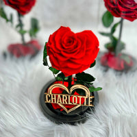 Customized Name Tag With Heart Shape Preserved Rose In Glass Dome And Heart Love Necklace