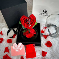Heart Shape Preserved Rose In Glass Dome With Heart Love Necklace