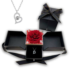 Heart Love Necklace With Preserved XL Red Rose Jewelry Box