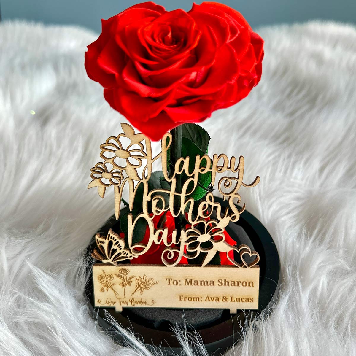 Personalized Mother&#39;s Day Gift - Preserved Rose in Glass Dome with Custom Name Tag and Necklace