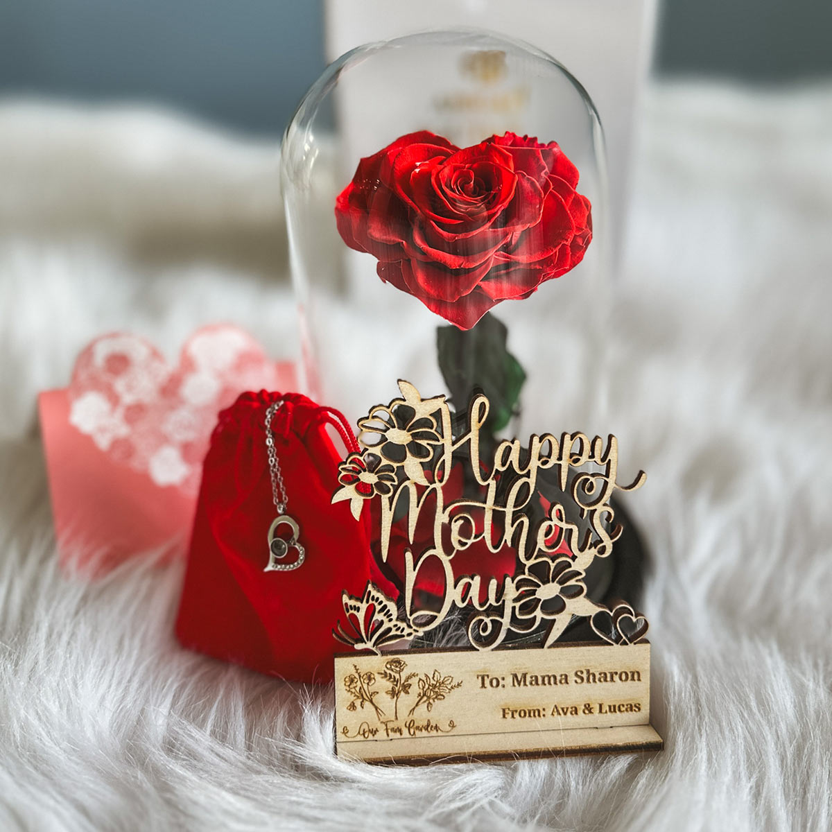 Personalized Mother&#39;s Day Gift - Preserved Rose in Glass Dome with Custom Name Tag and Necklace