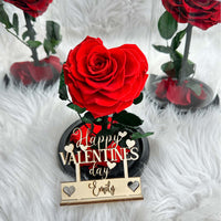 Customized Name Tag With Heart Shape Preserved Rose In Glass Dome And Heart Love Necklace