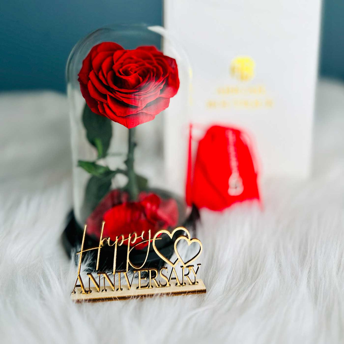 Personalized Anniversary Name Tag with Heart-Shaped Preserved Rose in Glass Dome &amp; “I Love You” Necklace – Personalized or Standard | English &amp; Spanish Options