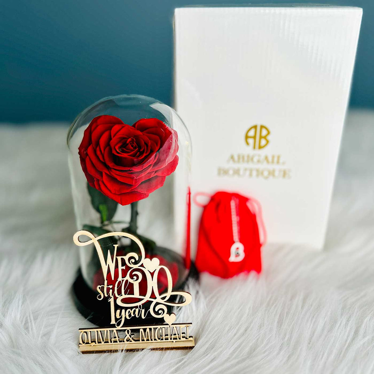 Personalized Anniversary Name Tag with Heart-Shaped Preserved Rose in Glass Dome &amp; “I Love You” Necklace – Personalized or Standard | English &amp; Spanish Options