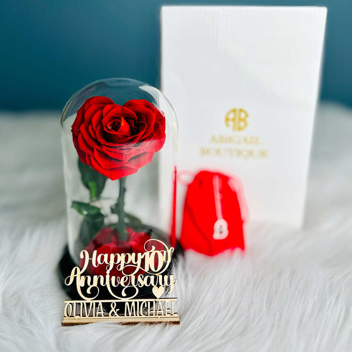 Personalized Anniversary Name Tag with Heart-Shaped Preserved Rose in Glass Dome &amp; “I Love You” Necklace – Personalized or Standard | English &amp; Spanish Options